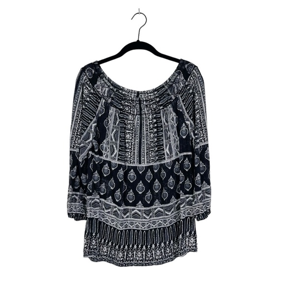Lucky Brand Off Shoulder Top Black Cream Ethnic Print Knit 3/4 Sleeve Size Small - Picture 1 of 10